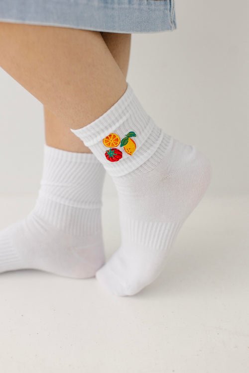 Embroidered Fruit Market Crew Socks
