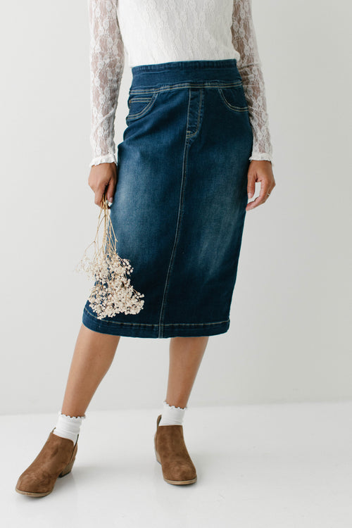 Sara Classic Knee Length Dark Denim Skirt